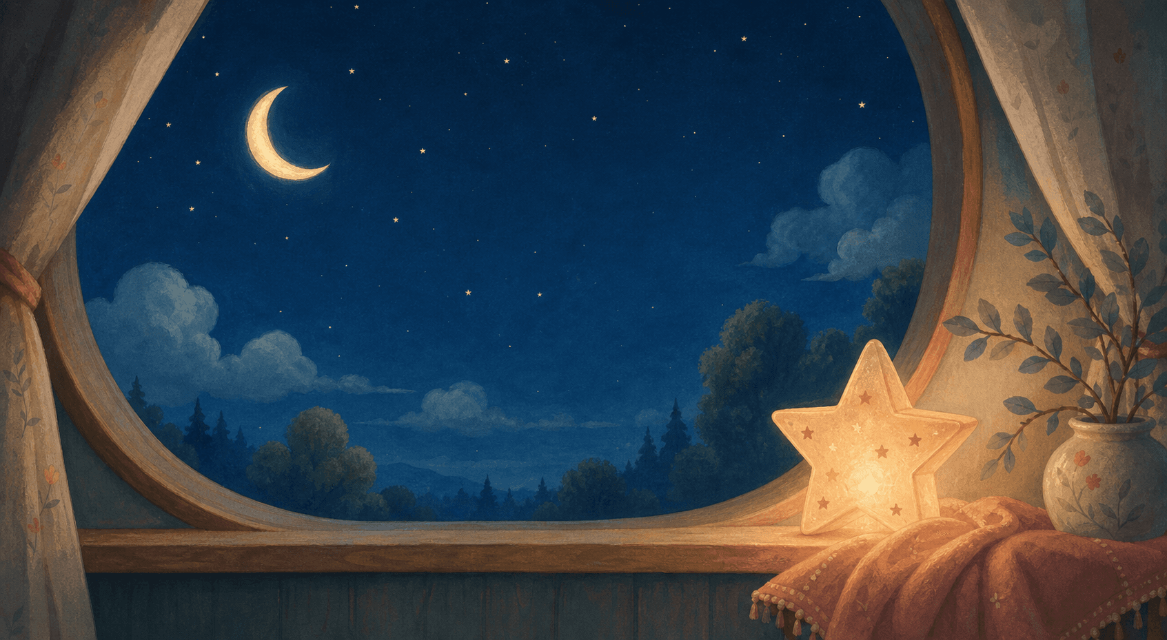 A moonlit nursery window with a glowing star lantern